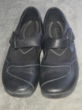 Clarks Shoes Womens Size 6W Black Leather Mary Jane Hook & Loop Comfort 35743